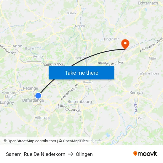 Sanem, Rue De Niederkorn to Olingen map