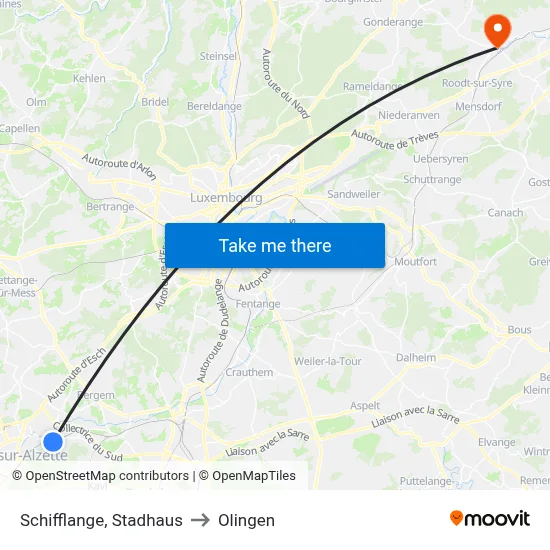 Schifflange, Stadhaus to Olingen map