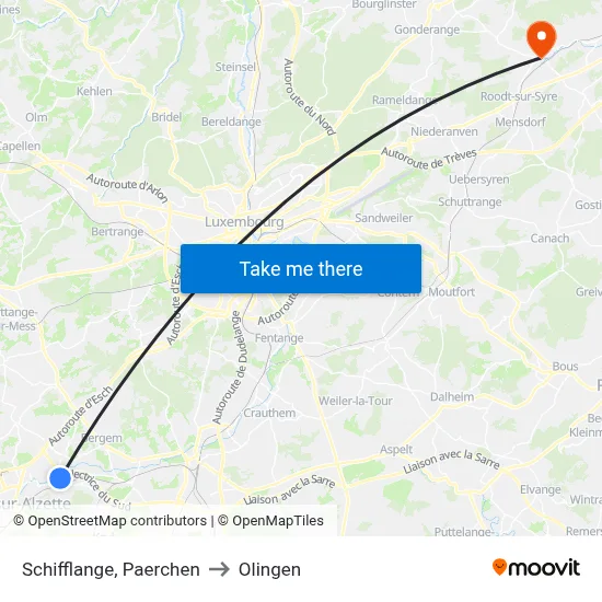 Schifflange, Paerchen to Olingen map