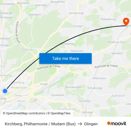 Kirchberg, Philharmonie / Mudam (Bus) to Olingen map