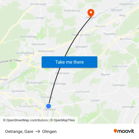Oetrange, Gare to Olingen map