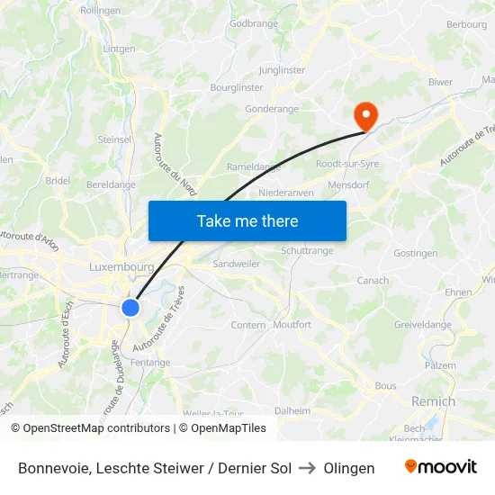 Bonnevoie, Leschte Steiwer / Dernier Sol to Olingen map