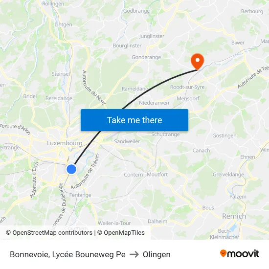 Bonnevoie, Lycée Bouneweg Pe to Olingen map