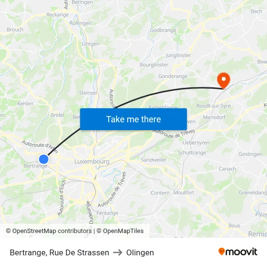 Bertrange, Rue De Strassen to Olingen map