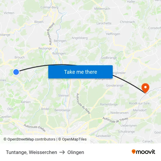 Tuntange, Weisserchen to Olingen map