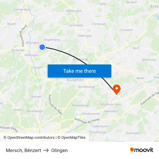 Mersch, Bënzert to Olingen map