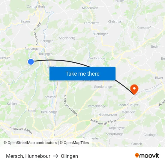 Mersch, Hunnebour to Olingen map