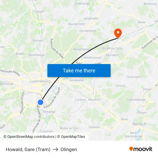 Howald, Gare (Tram) to Olingen map