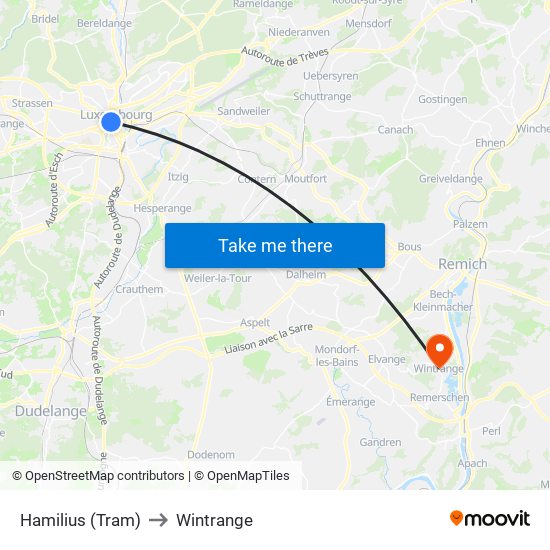 Hamilius (Tram) to Wintrange map