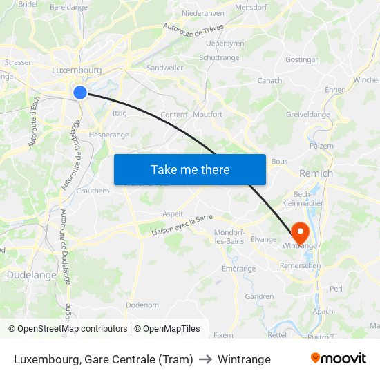 Luxembourg, Gare Centrale (Tram) to Wintrange map