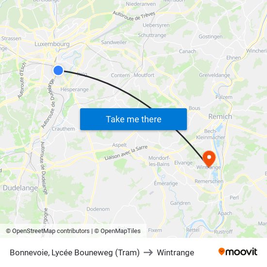 Bonnevoie, Lycée Bouneweg (Tram) to Wintrange map