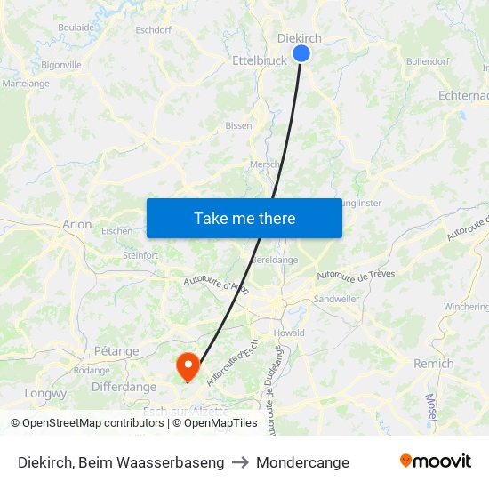 Diekirch, Beim Waasserbaseng to Mondercange map