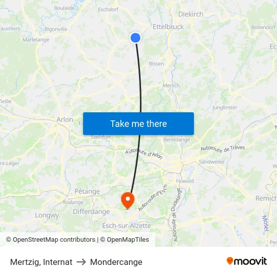 Mertzig, Internat to Mondercange map