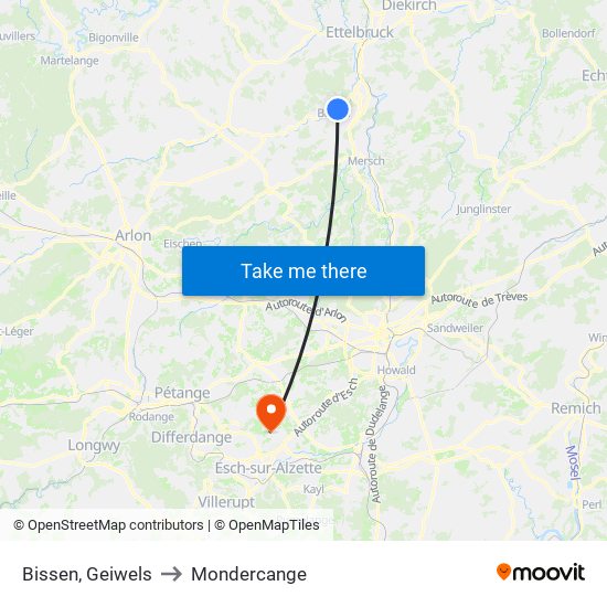 Bissen, Geiwels to Mondercange map