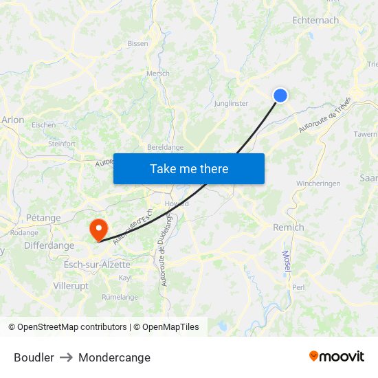 Boudler to Mondercange map