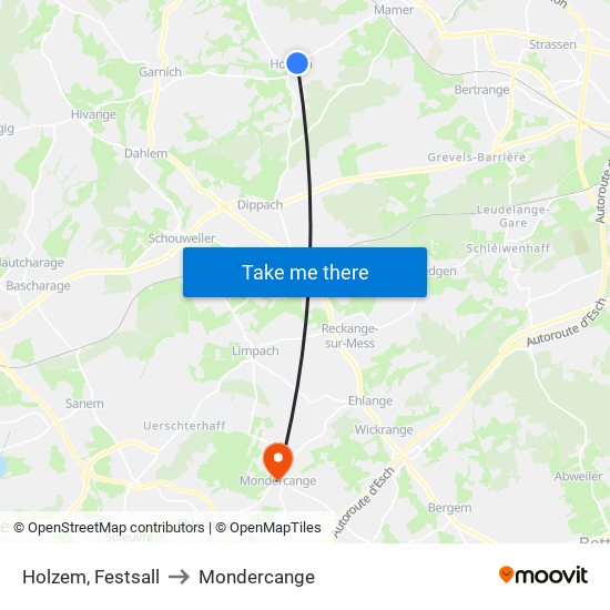 Holzem, Festsall to Mondercange map