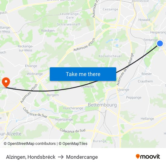 Alzingen, Hondsbréck to Mondercange map