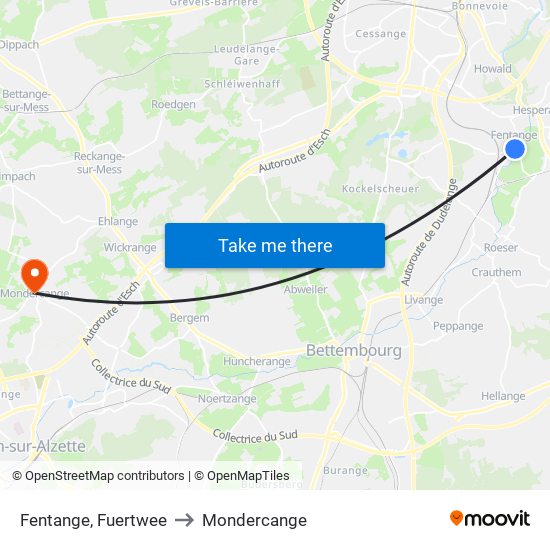 Fentange, Fuertwee to Mondercange map