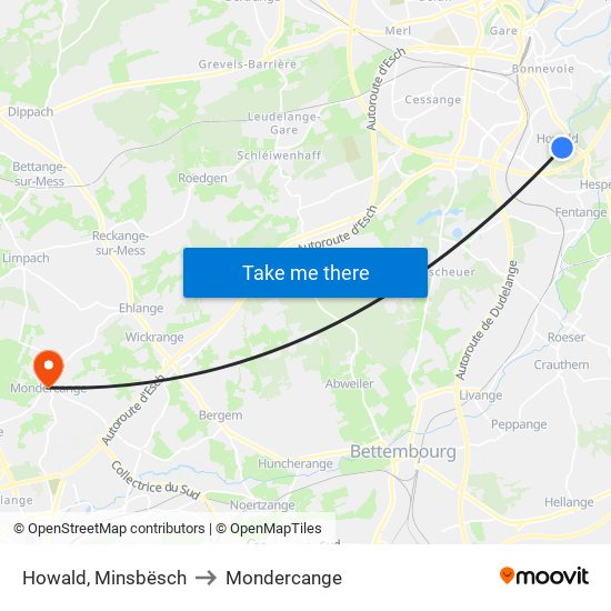 Howald, Minsbësch to Mondercange map
