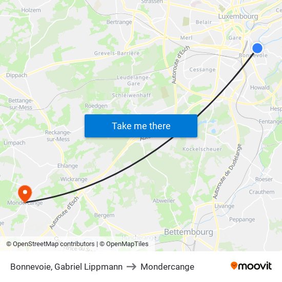 Bonnevoie, Gabriel Lippmann to Mondercange map