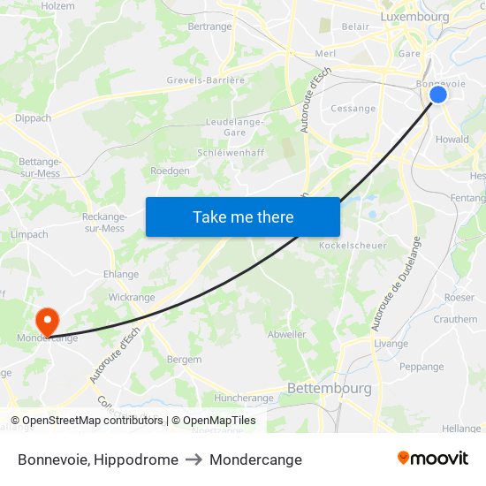 Bonnevoie, Hippodrome to Mondercange map