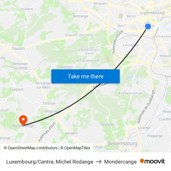 Luxembourg/Centre, Michel Rodange to Mondercange map