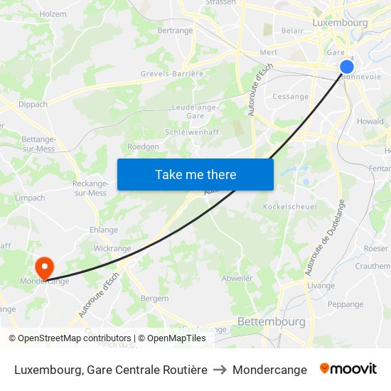 Luxembourg, Gare Centrale Routière to Mondercange map