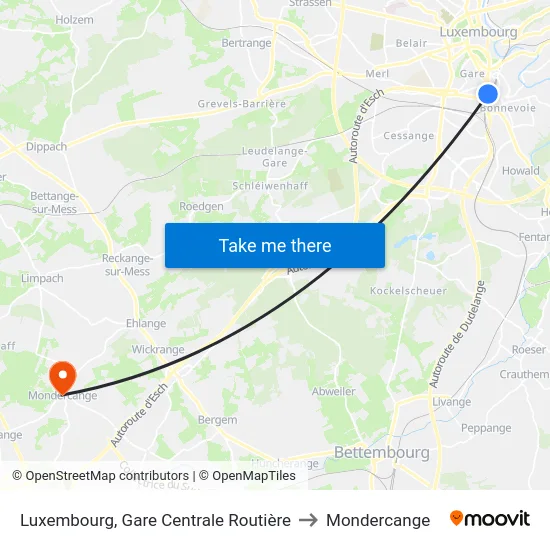 Luxembourg, Gare Centrale Routière to Mondercange map