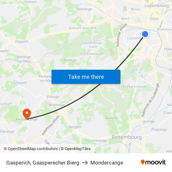 Gasperich, Gaasperecher Bierg to Mondercange map