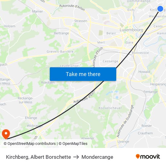 Kirchberg, Albert Borschette to Mondercange map