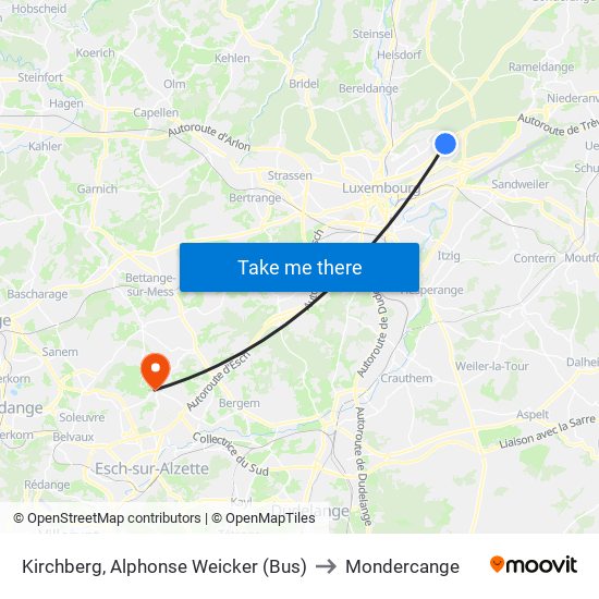 Kirchberg, Alphonse Weicker (Bus) to Mondercange map