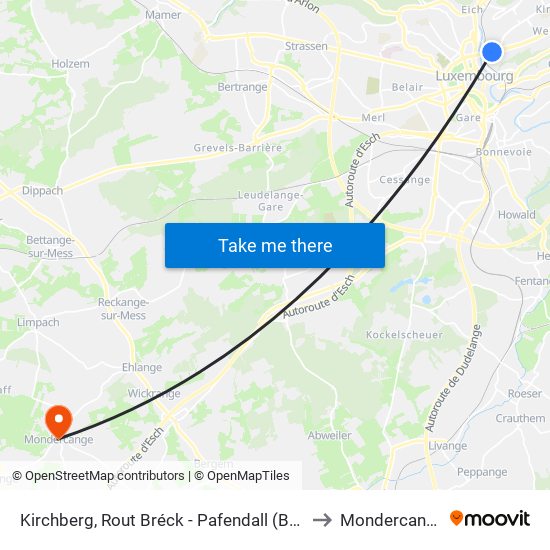 Kirchberg, Rout Bréck - Pafendall (Bus) to Mondercange map