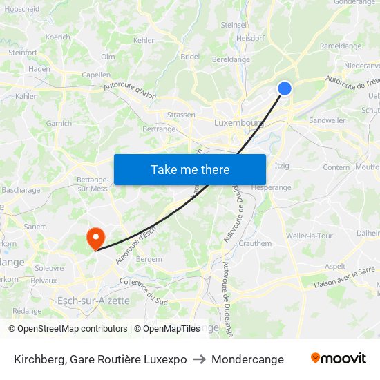 Kirchberg, Gare Routière Luxexpo to Mondercange map