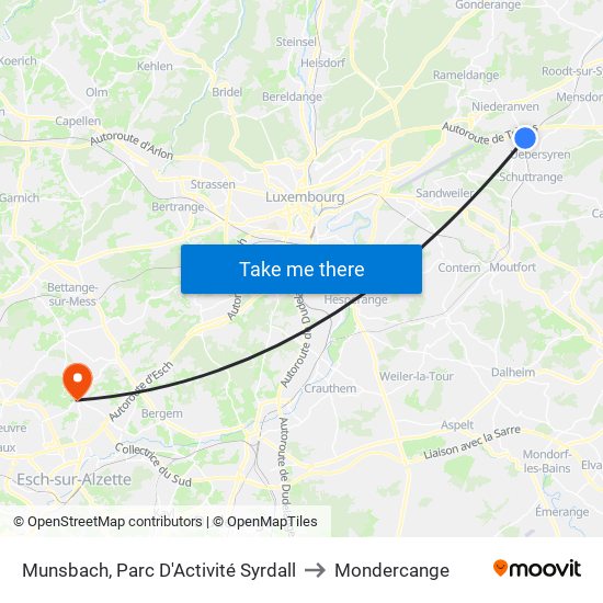 Munsbach, Parc D'Activité Syrdall to Mondercange map
