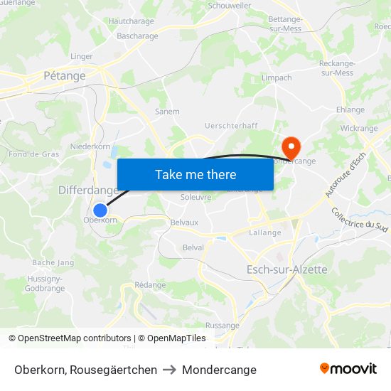 Oberkorn, Rousegäertchen to Mondercange map