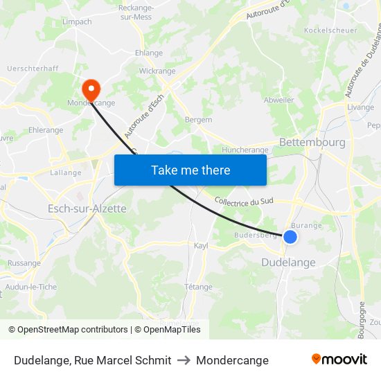 Dudelange, Rue Marcel Schmit to Mondercange map