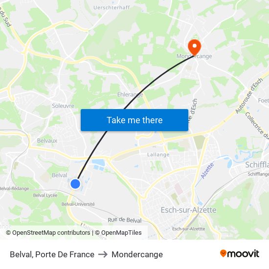 Belval, Porte De France to Mondercange map