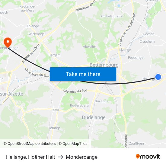 Hellange, Hoëner Halt to Mondercange map