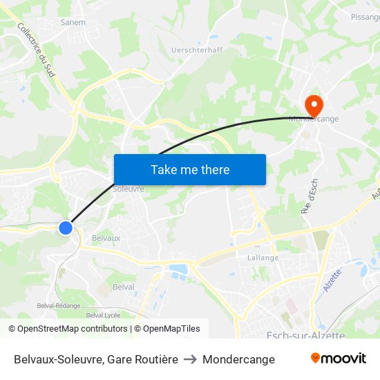 Belvaux-Soleuvre, Gare Routière to Mondercange map