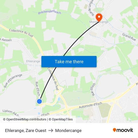 Ehlerange, Zare Ouest to Mondercange map