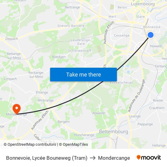 Bonnevoie, Lycée Bouneweg (Tram) to Mondercange map