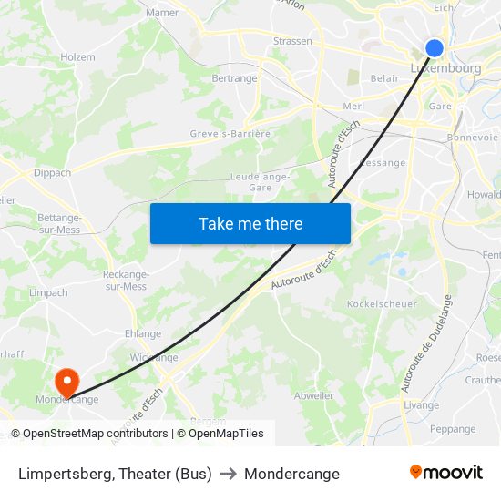 Limpertsberg, Theater (Bus) to Mondercange map