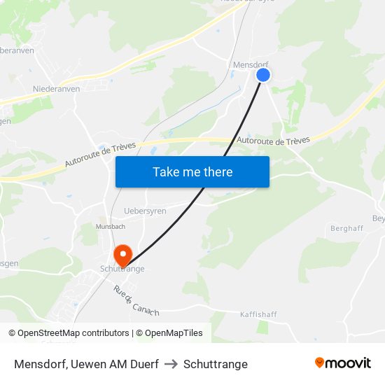 Mensdorf, Uewen AM Duerf to Schuttrange map