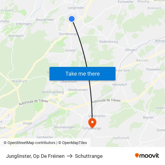 Junglinster, Op De Fréinen to Schuttrange map