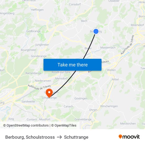 Berbourg, Schoulstrooss to Schuttrange map