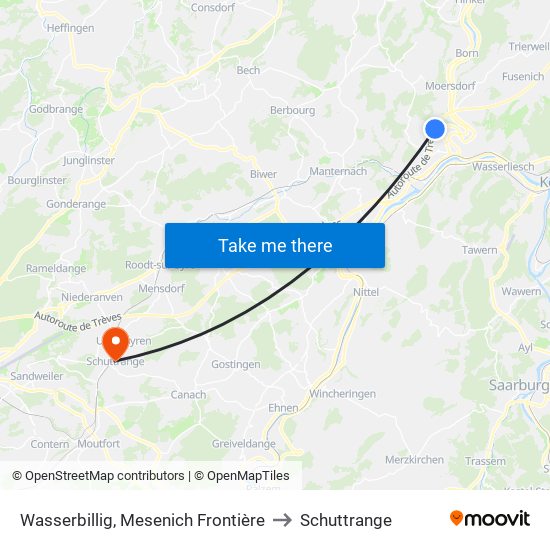Wasserbillig, Mesenich Frontière to Schuttrange map