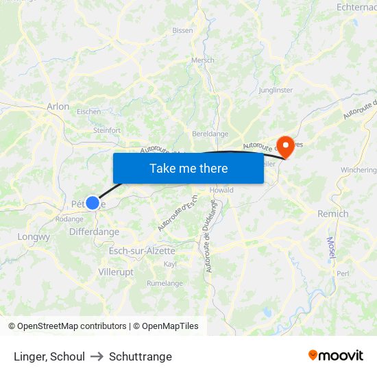 Linger, Schoul to Schuttrange map