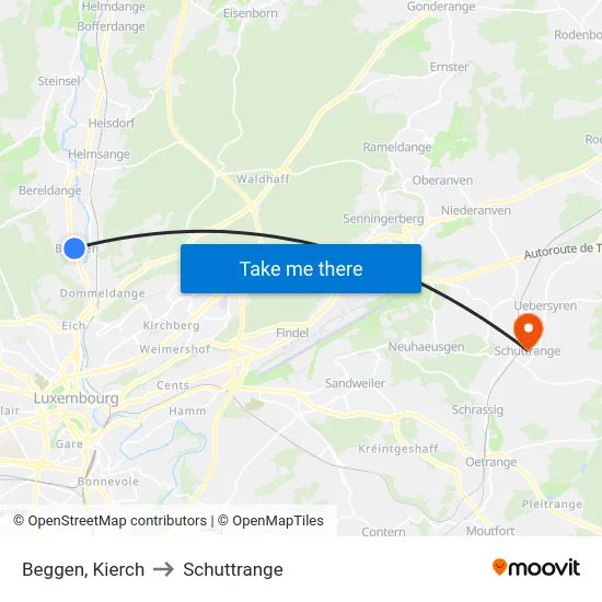 Beggen, Kierch to Schuttrange map