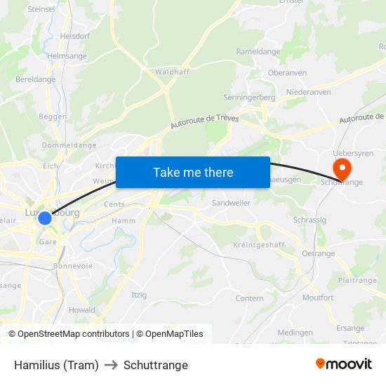 Hamilius (Tram) to Schuttrange map