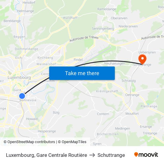Luxembourg, Gare Centrale Routière to Schuttrange map